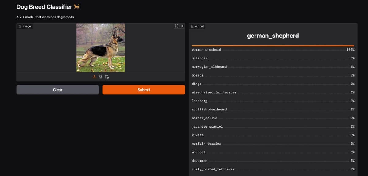 Screenshot of Vision Transformer - Dog Breed Classifier project