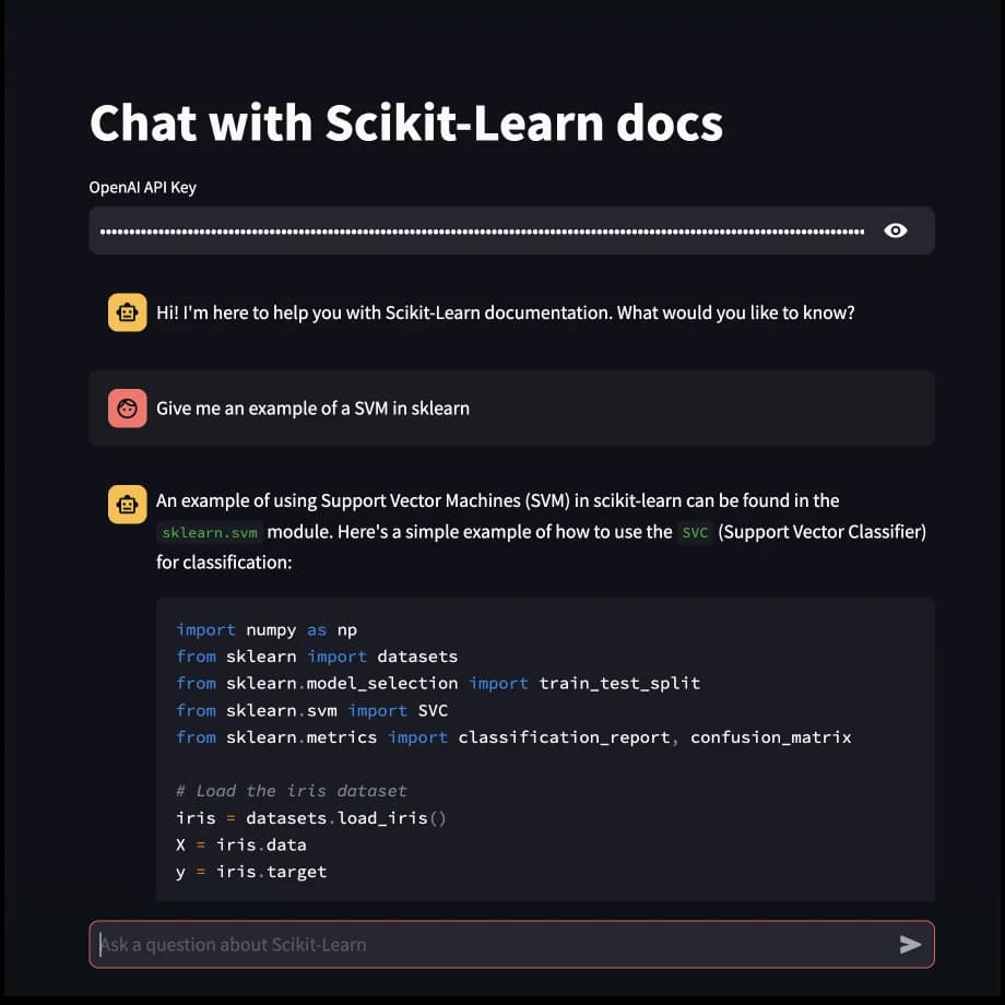 Screenshot of RAG Chat with Scikit-Learn Documentation project
